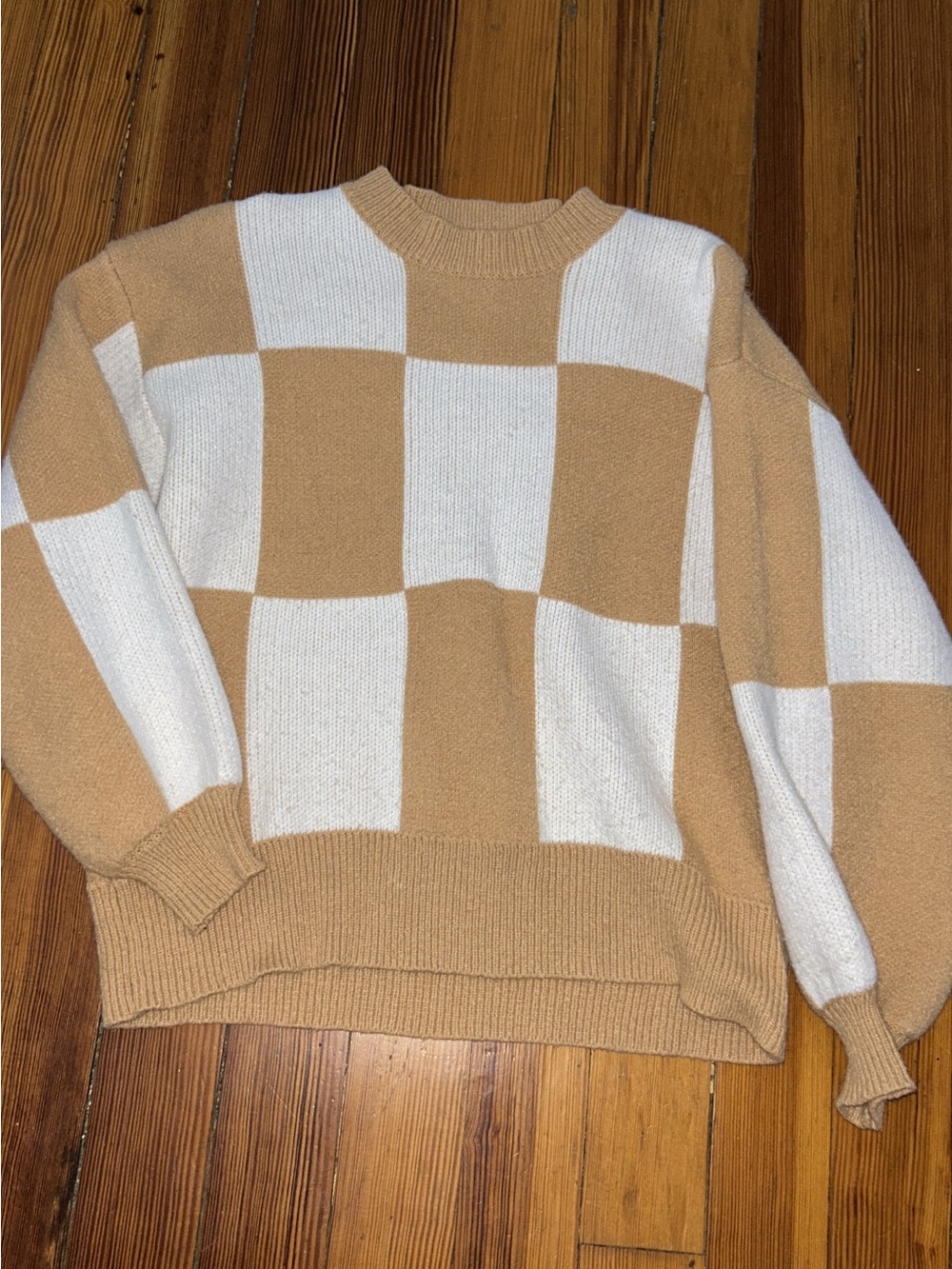 Amazon Checkerboard Knit Pullover in Cream and Tan (SEE DESCRIPTION)